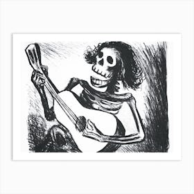 Skeleton 'Calavera' Playing Guitar - 1938 Vintage Sketch by Mexican Graphic Designer Leopoldo Mendez - Witchy Gothic Funny Cool Skull Art Witchcore Dark Aesthetic Remastered High Definition Collectable Gallery Art Print