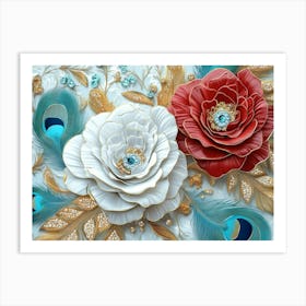 3d Design Illustration Seamless Pattern Diamond Painting White, Crimson, Turquoise And Golden Roses Flowers Art Print