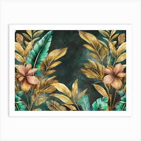 Tropical Seamless Border Luxury Illustration Exotic Green Beige Brown Pink Golden Leaves Vintage Art Print