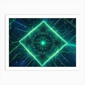 Abstract Image Of A Glowing Green Geometric Shape, Resembling A Crystal Or A Prism, Set Against A Dark Background With A Starry Sky Art Print