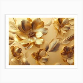 Golden Floral Background, Gold Flowers, 4k Abstract Vintage Flower Design, Artwork Gold Luxury, Luxurious Nature Art Print