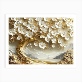 3d Golden Tree with White Flowers 4 Art Print