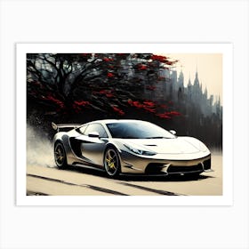 White Sports Car Driving Down The Road Art Print