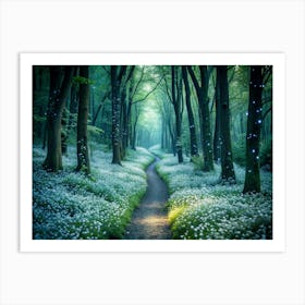 Enchanted Forest Path With Glowing Lights And White Flowers Art Print