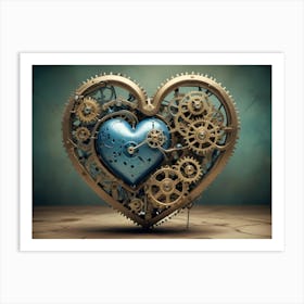 A Mechanical Heart Made Of Gold Gears And Cogs, With A Blue Heart In The Center, Set Against A Green Background Art Print