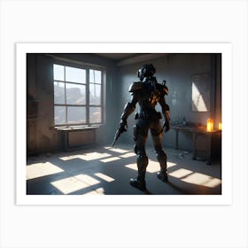 A Woman In A Futuristic, Armored Suit Standing In A Room With A Window Overlooking A Desert Landscape Art Print