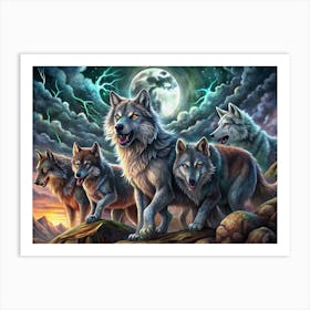 Pack Of Wolves Under A Full Moon Art Print