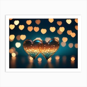 Two Golden Hearts On A Blue Background With A Bokeh Of Golden Heart Shaped Lights Art Print