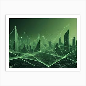 An Abstract Image Of A Cityscape With A Network Of Glowing Green Lines Connecting The Buildings Art Print