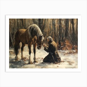 An oil painting of old man in front of his horse, with the winter forest behind him Art Print