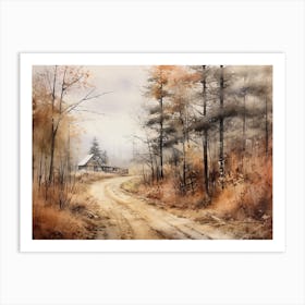 A Painting Of Country Road Through Woods In Autumn 32 Art Print