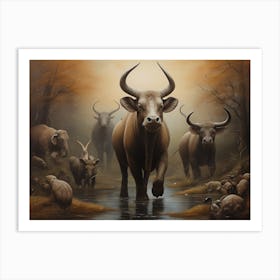 Bulls In The Water Art Print