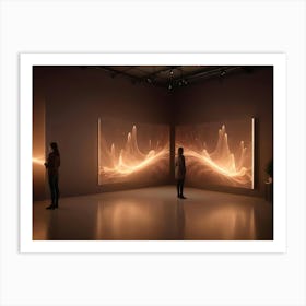 Two Women Stand In A Modern Gallery Space With Two Large Digital Displays Showing Abstract Artwork Art Print