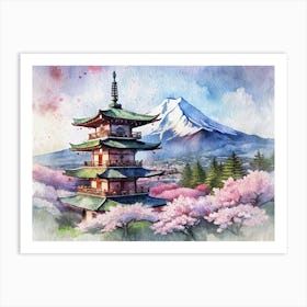 Watercolor Painting Of Pagoda With Mount Fuji And Cherry Blossoms Art Print