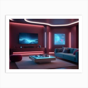 A Modern Living Room Interior With A Blue Sofa, A White Coffee Table, And A Futuristic Screen Displaying A Digital Interface Art Print