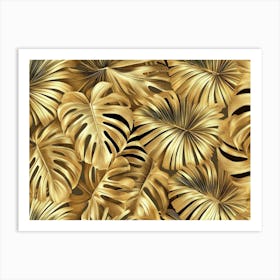 Golden Seamless Pattern With Shiny Monstera, Palm Leaves Painting Art Print