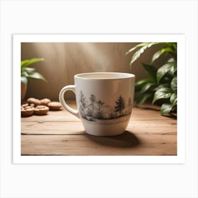 A White Mug With A Hand Drawn Design Depicting A Forest Scene Art Print