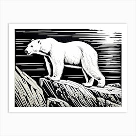 Playful Polar Bear On Cliff Linocut Black And White art, animal art, 156 Art Print