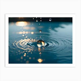 Close Up Of A Water Drop Splashing Into A Pool Of Water, Creating Ripples And Reflections Under A Golden Sunset Sky Art Print