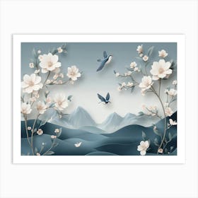 3d Floral Art With Golden Ginko Biloba Leaves And White Flowers On Black Background 2 Art Print