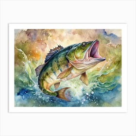 Watercolor Illustration Of A Bass Fish Jumping Art Print