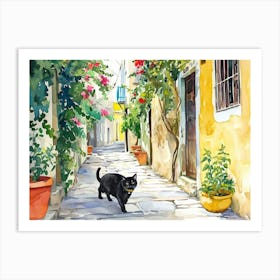 Larnaca, Cyprus   Cat In Street Art Watercolour Painting 2 Art Print
