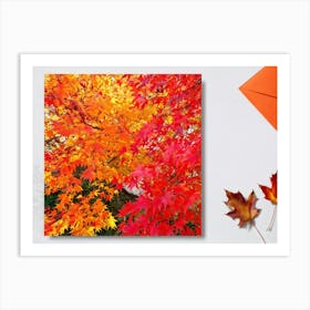 Bright Botanical Art Featuring Fall Foliage Vibrant Red Orange And Neon Colors Framing A Golden M (1) Art Print