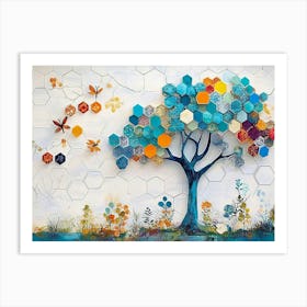 Vibrant Turquoise Tree and Colorful Hexagons Art Print