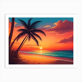 A Tranquil Beach At Sunset Horizontal Illustration 31 Art Print