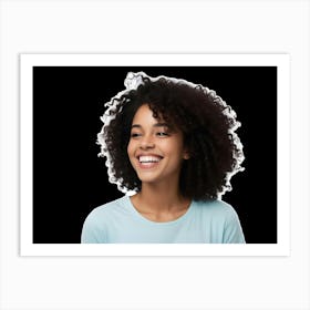 A Portrait Of A Smiling Young Woman With Curly Brown Hair, Isolated On A Black Background 3 Art Print