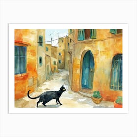 Beirut, Lebanon   Black Cat In Street Art Watercolour Painting 3 Art Print