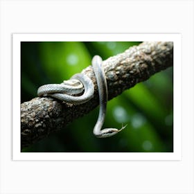 Baby Snake Appearing Startled Coiled Mid Twist Around A Gnarled Branch Intense Focus On The Sharp Art Print