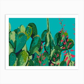 Prickly Pear Cactus And Red Flowers Art Print