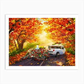 Autumnal Landscape Autumnal Leaves Cascading Down As A Car Adorned With Holiday Wreaths And Ribbon 2 1 Art Print