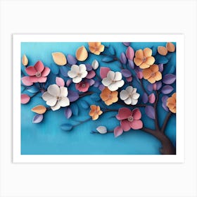 Elegant Colorful 3d Flowers With Leaves On A Tree Illustration Background 2 Art Print