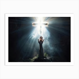 An Ultra Realistic Depiction Of A Hand Raised In A Gesture Of Prayer Emerging From Darkness Into A (6) Art Print