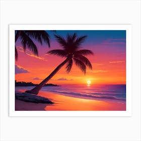 A Tranquil Beach At Sunset Horizontal Illustration 44 Art Print