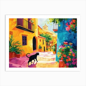 Malaga, Spain   Cat In Street Art Watercolour Painting 2 Art Print