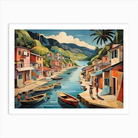 Vintage Cubist Travel Poster Charlotteville Fishing Village Trinidad & Tobago Art Print