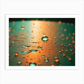 Close Up Shot Of Water Droplets On An Orange And Green Surface Art Print