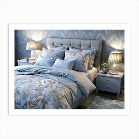 Blue And Grey Bedroom Interior With Floral Bedding Art Print