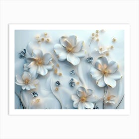 Sophisticated 3d Artwork Design, White and Blue Tones, Golden Jewelry, Floral Motifs 3 Art Print