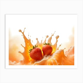 A Vibrant Image Of Two Strawberries Submerged In A Creamy, Orange Splash, Creating A Dynamic And Delicious Scene Art Print