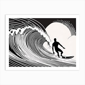 Linocut Black And White Surfer On A Wave art, surfing art, 245 Art Print