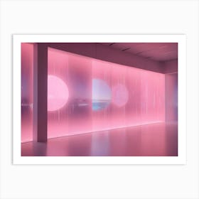 An Empty Room With A Large, Pink Lit Wall With A Circular Window Revealing A View Of A Distant, Blue Landscape Art Print