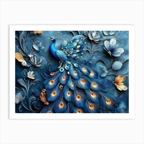 3d Blue Peacock Art with Butterfly Art Print