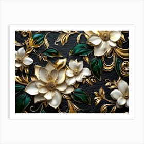 Luxury Floral Elegant Leather Texture Background in Golden, Green, White Art Print