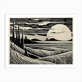 A Linocut Piece Featuring Fragmented And Ghostly Remnants Of Dreamy landscape, 114 Art Print
