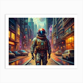 Astronaut Walking In A Futuristic City Art Print