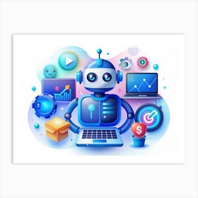 Blue Robot With Laptop And Other Tech Items Art Print